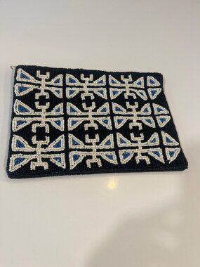 Ink + Alloy Hand-Beaded Tribal Pattern Clutch With Red Lining And Interior Pocke